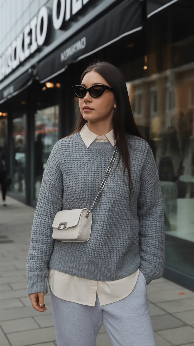 stylish spring outfit for Wednesday 2026 Grey Sweater Layering With Light Pants For Work-Casual Cool