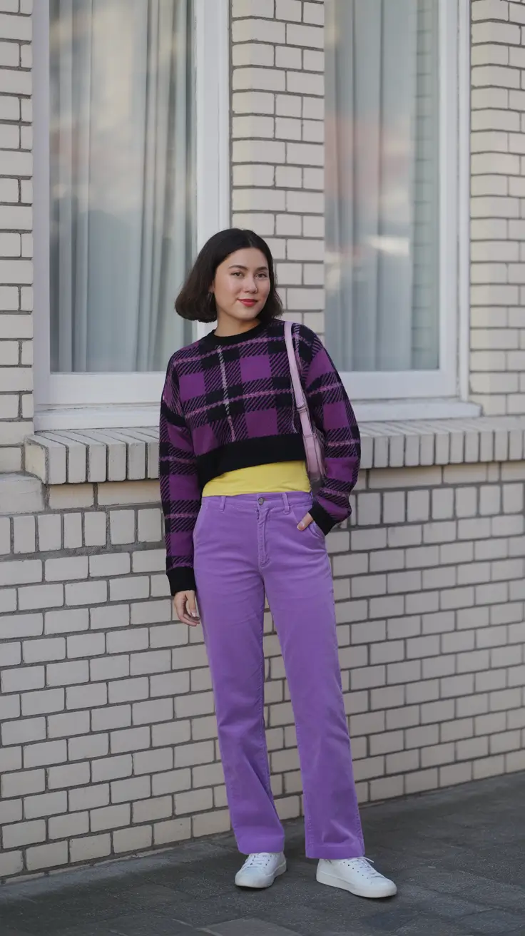 stylish spring outfit for Wednesday 2026 + Purple Pants And Plaid Knit For School-Day Energy