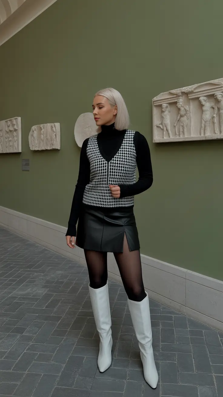 stylish spring outfit for Wednesday 2026 + Graphic Vest And Leather Mini For A Fashion-Forward Wednesday