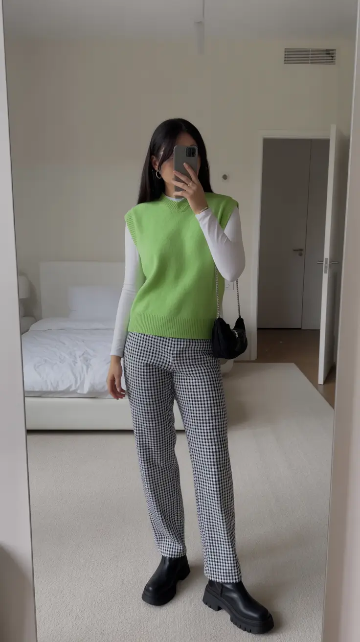 stylish spring outfit for Wednesday 2026 + Green Sweater Vest And Check Pants For A Clean Work Casual Wednesday