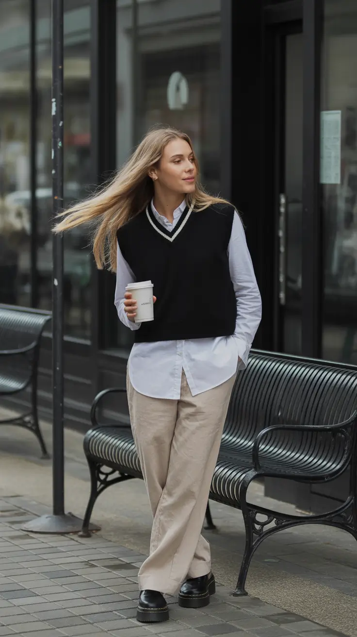 stylish spring outfit for Wednesday 2026 Preppy Vest And Beige Trousers For A Polished Midweek Coffee Run