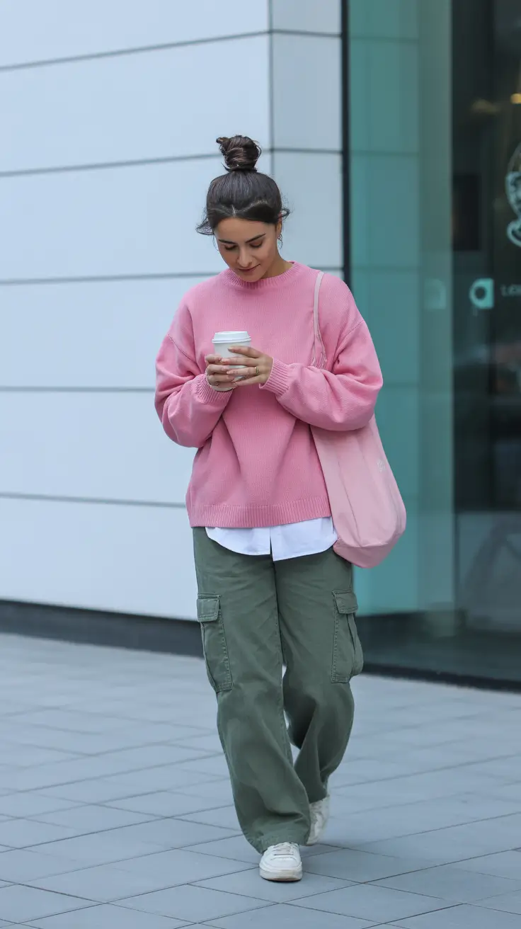 stylish spring outfit for Wednesday 2026 Pink Sweater And Utility Pants For Soft-Girl Meets Street Style