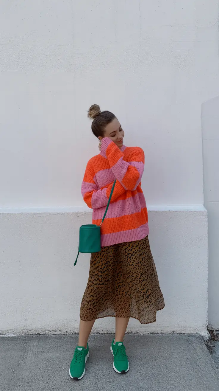 stylish spring outfit for Wednesday 2026 + Striped Sweater And Leopard Midi For Easy School-Day Style