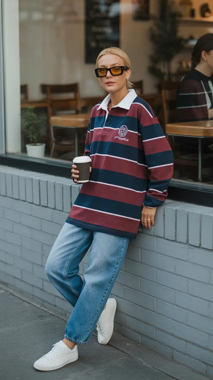 trendy spring outfit with pants 2026 Striped Rugby And Relaxed Denim For Early Coffee Runs