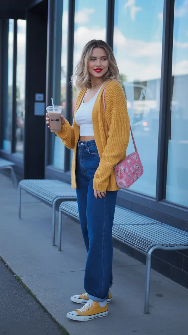 trendy spring outfit with pants 2026 + Sunny Cardigan And Jeans For A Girly Coffee Run