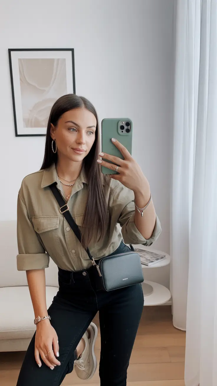 trendy spring outfit with pants 2026 Olive Utility Shirt With Black Pants And A Crossbody Bag