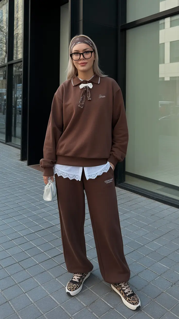 trendy spring outfit with pants 2026 Chocolate Lounge Set With Lace Layers And Leopard Sneakers