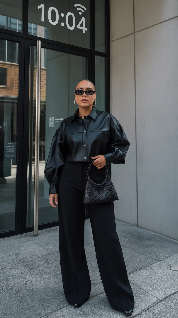trendy spring outfit with pants 2026 Black Leather Shirt With Wide-Leg Trousers For Sleek City Days