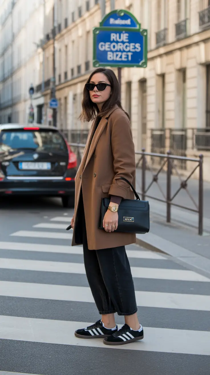 trendy spring outfit with pants 2026 + Paris Street Style With A Camel Coat And Cropped Black Denim