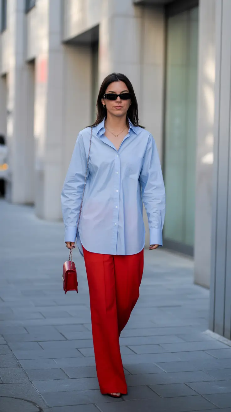trendy spring outfit with pants 2026 + Oversized Blue Shirt With Bright Red Wide-Leg Trousers