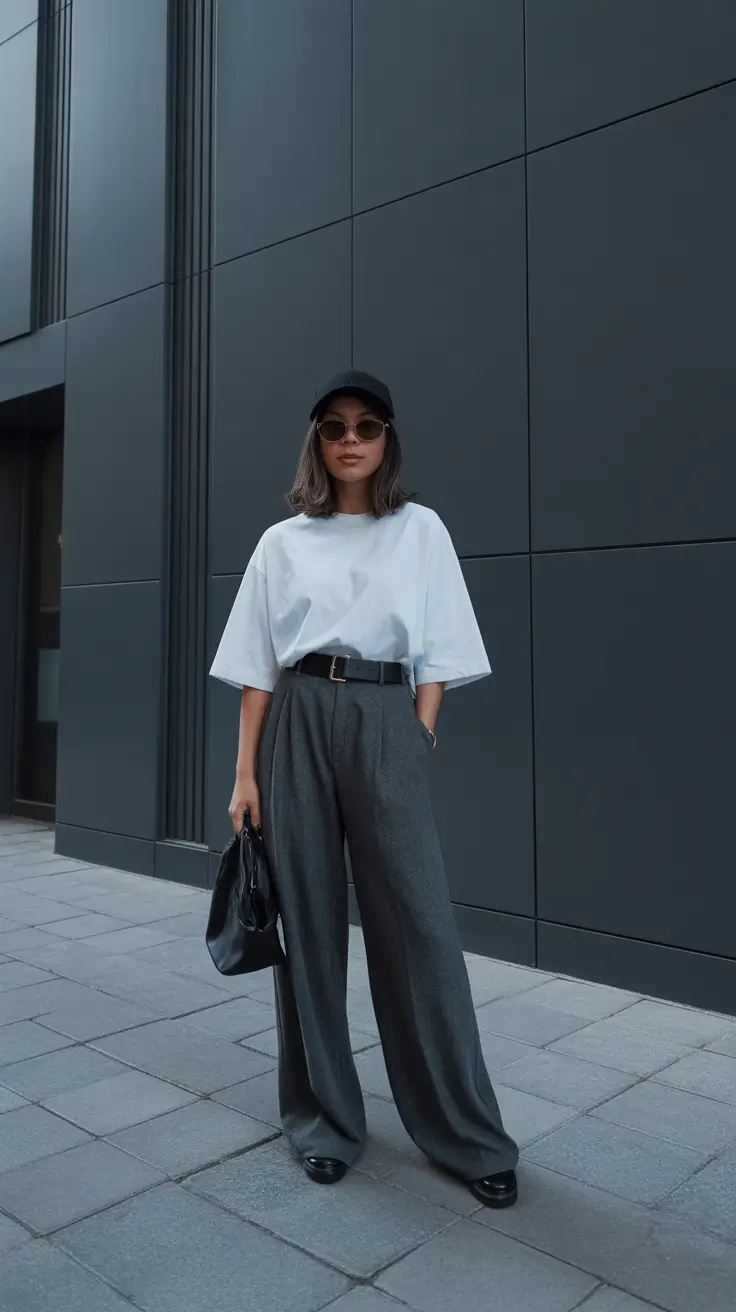 trendy spring outfit with pants 2026 + Minimal Grey Trousers With A Boxy Tee And City-Cool Accessories