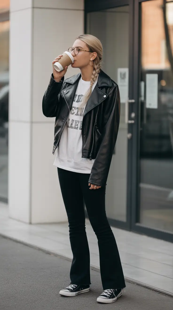 trendy spring outfit with pants 2026 + Leather Jacket And Flared Black Pants For Cold Spring Days