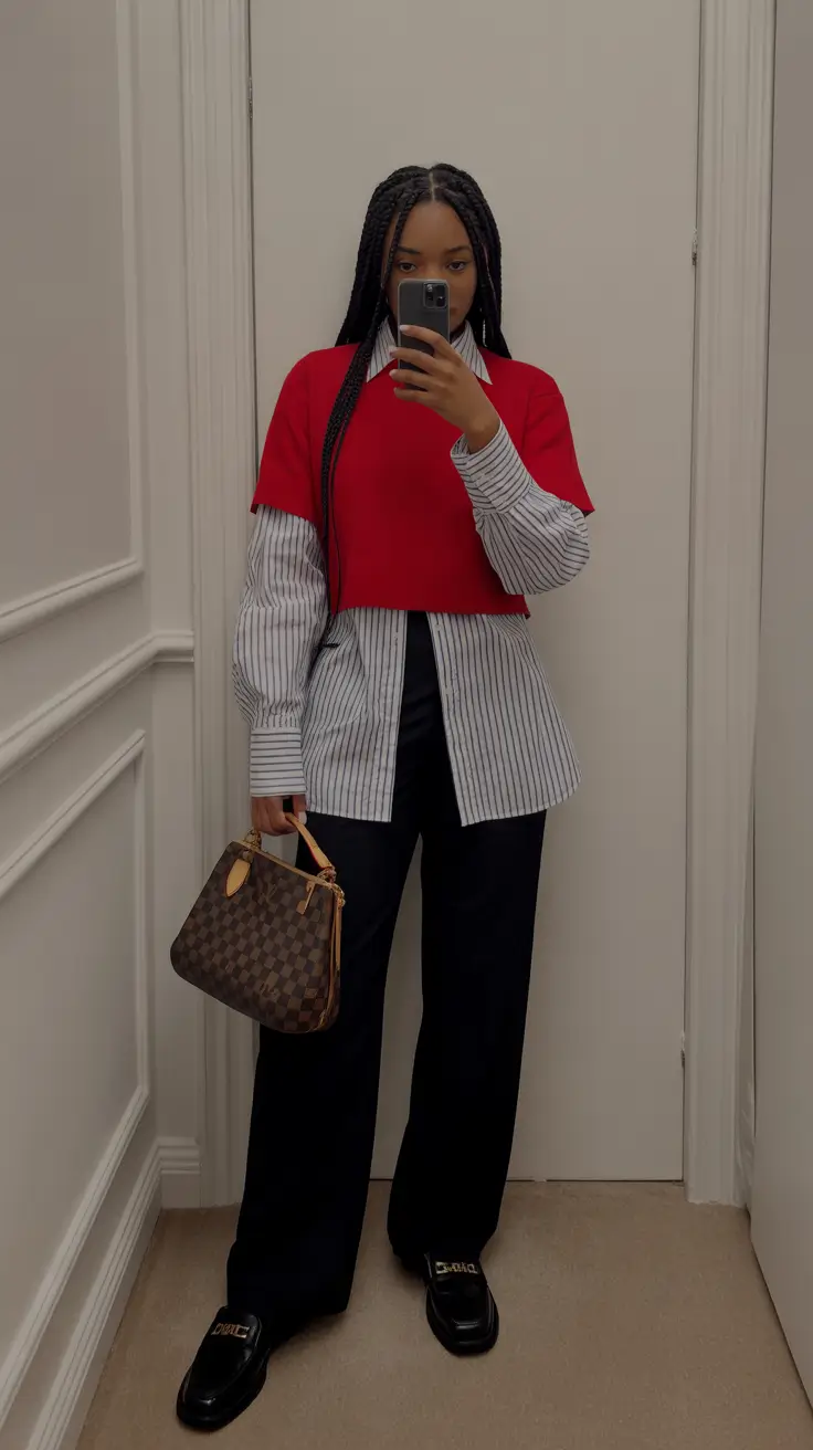 trendy spring outfit with pants 2026 Red Knit Over A Button-Down With Wide Black Trousers