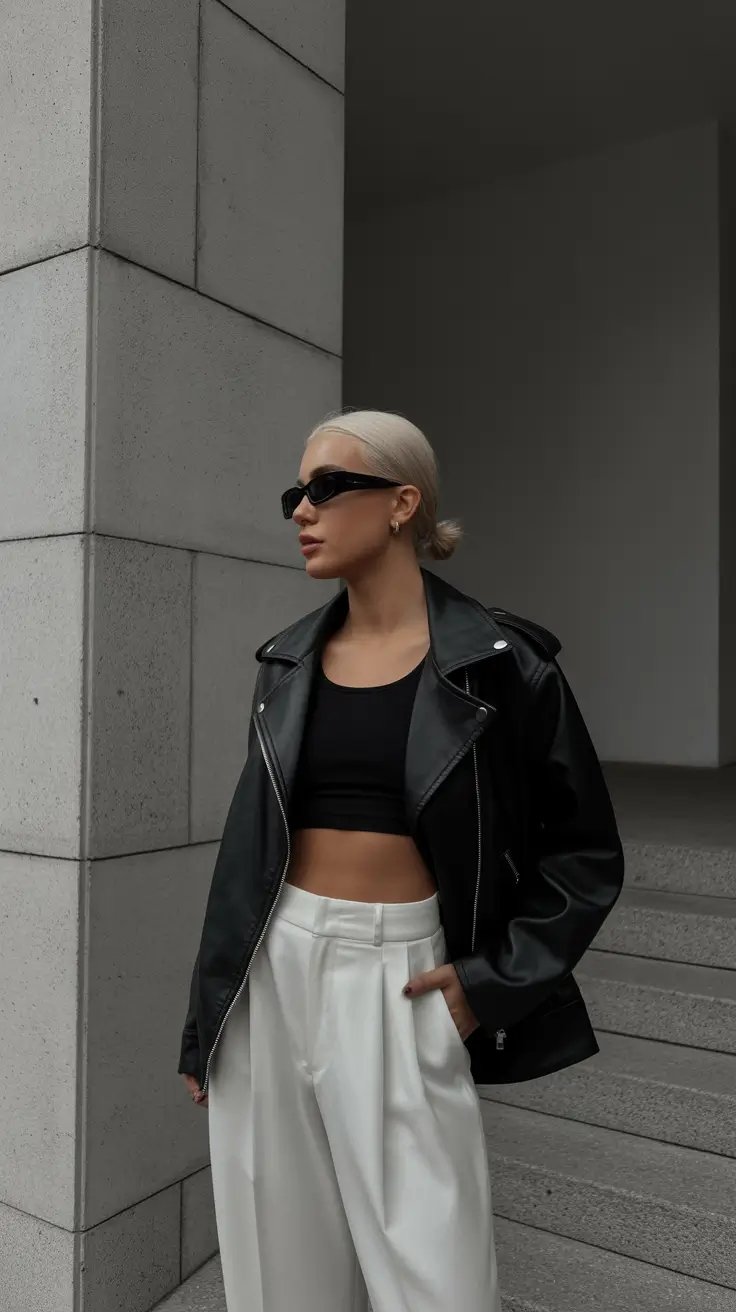 trendy spring outfit with pants 2026 Black Moto Jacket With Crisp White Pleated Pants