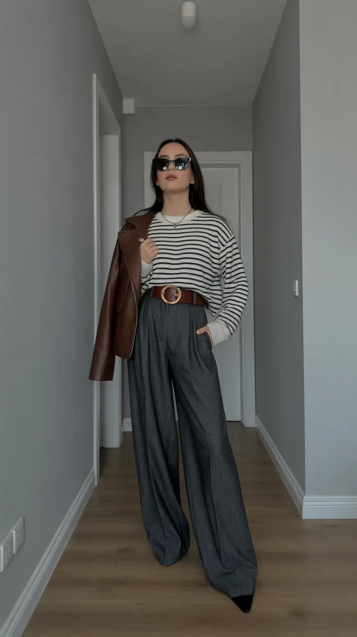 trendy spring outfit with pants 2026 Grey Wide-Leg Trousers With A Stripe Knit And Brown Leather