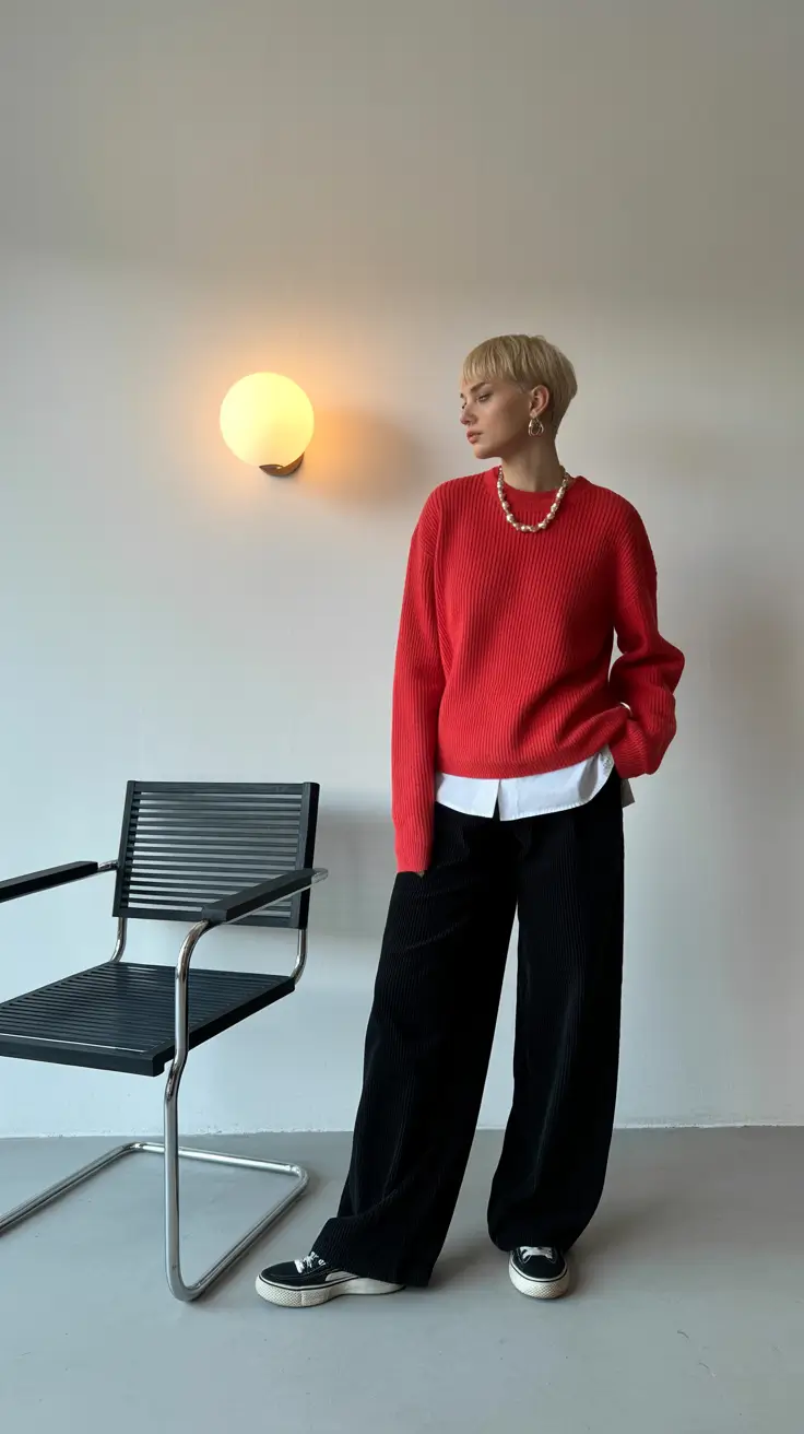 trendy spring outfit with pants 2026 Red Sweater Layering With Relaxed Black Pants And Sneakers