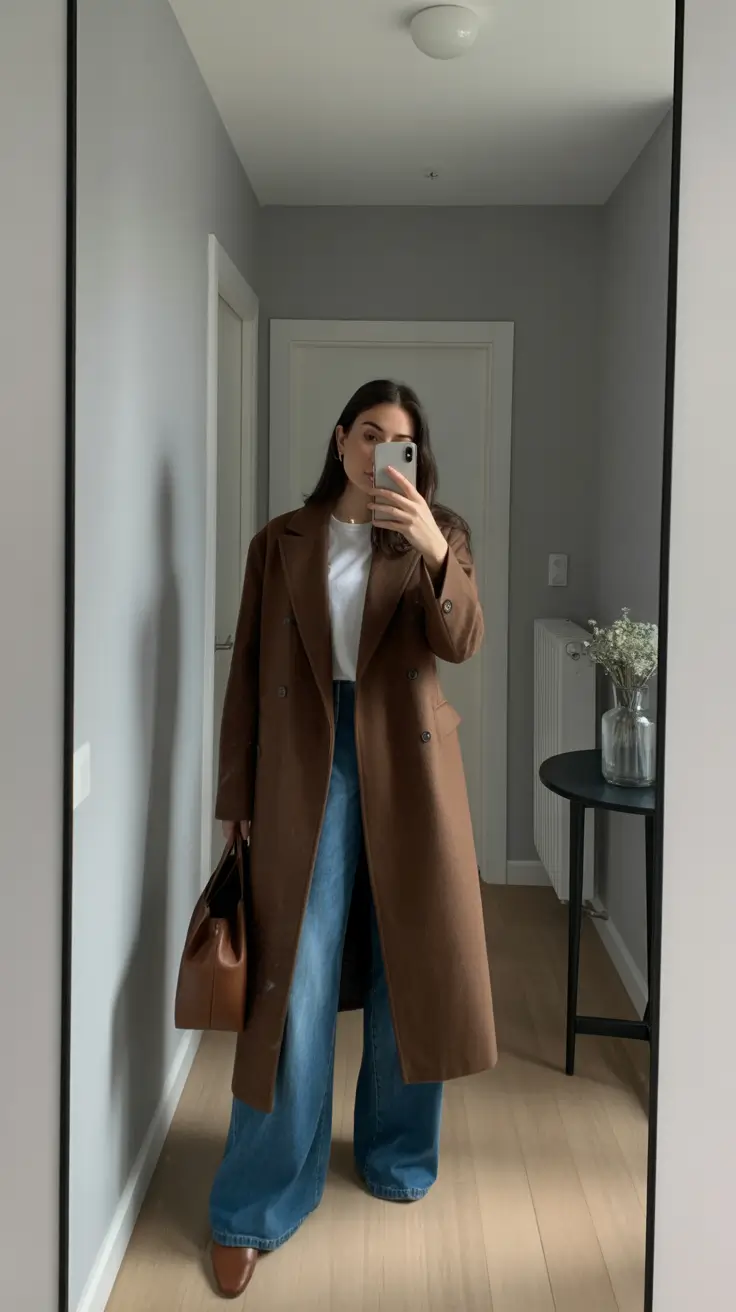 trendy spring outfit with pants 2026 + Camel Coat And Wide-Leg Denim For Early Spring Errands