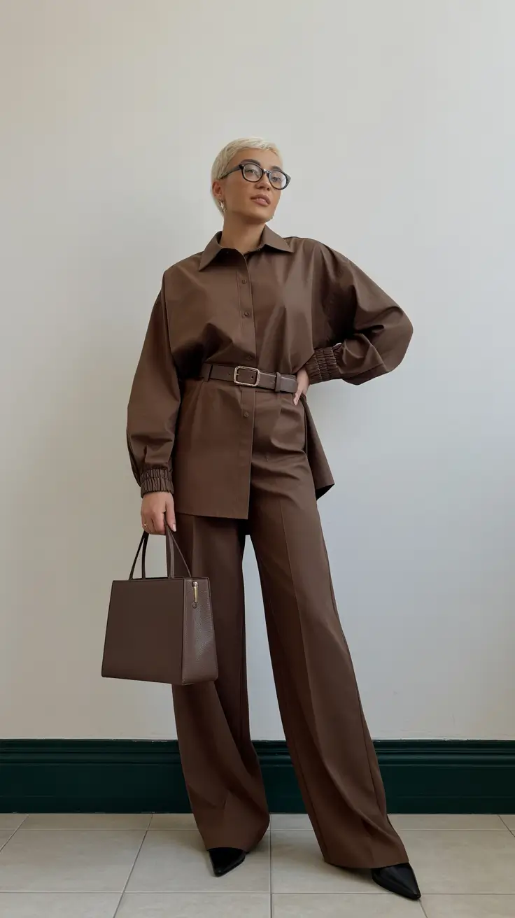 trendy spring outfit with pants 2026 + Chocolate Monochrome For A Dressy Pants Moment