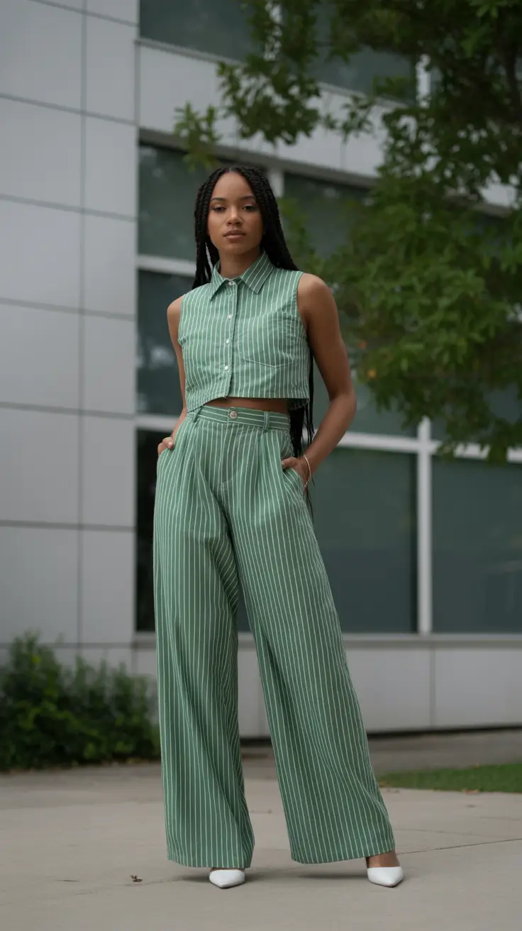 trendy spring outfit with pants 2026 + Kelly Green Stripes With Wide-Leg Confidence