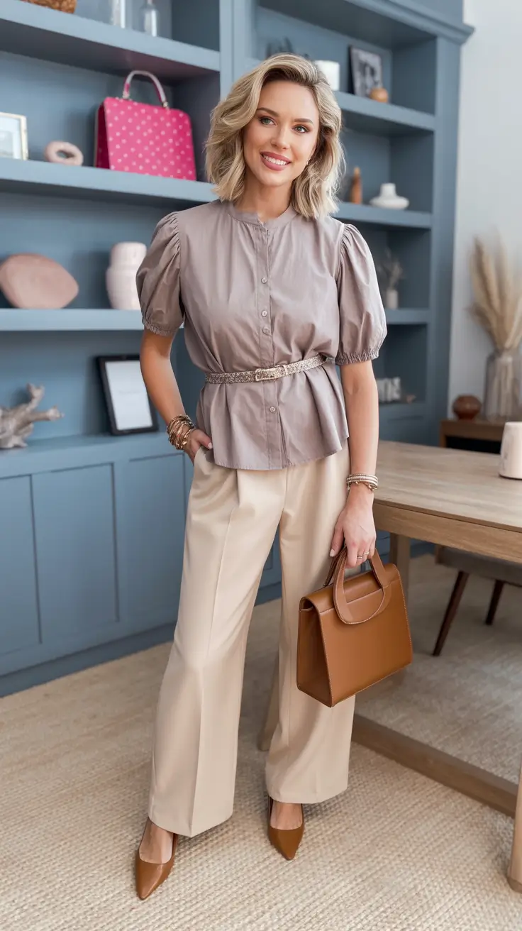 pretty spring outfits for women over 30 2026 - Puff Sleeve Blouse With Cream Trousers And Cognac Accessories