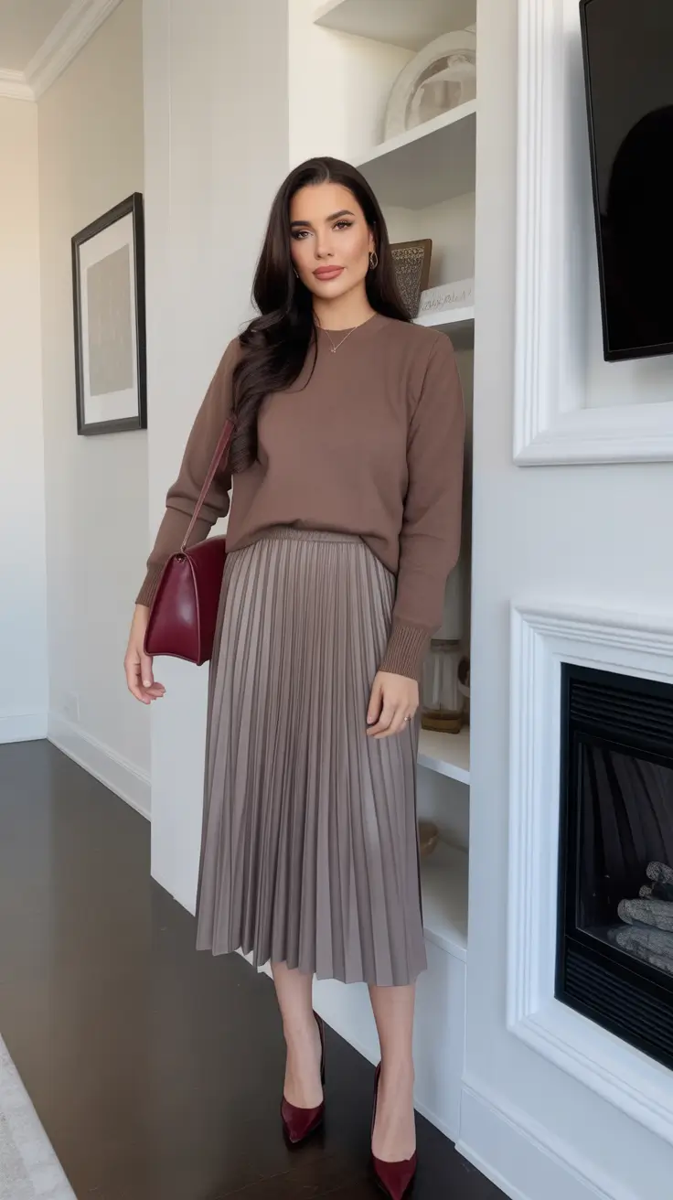 pretty spring outfits for women over 30 2026 - Chocolate Sweater And Pleated Midi Skirt With Burgundy Accents