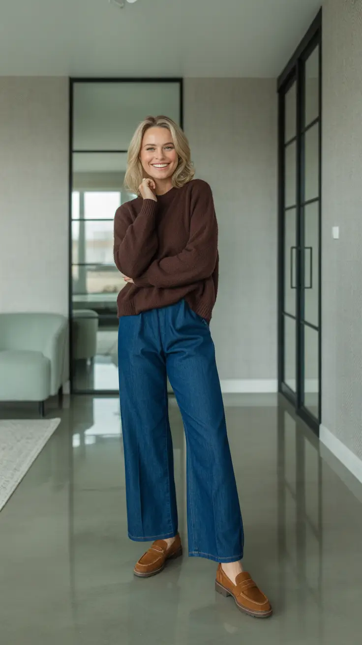 pretty spring outfits for women over 30 2026 - Cozy Brown Knit With Wide-Leg Denim And Classic Loafers