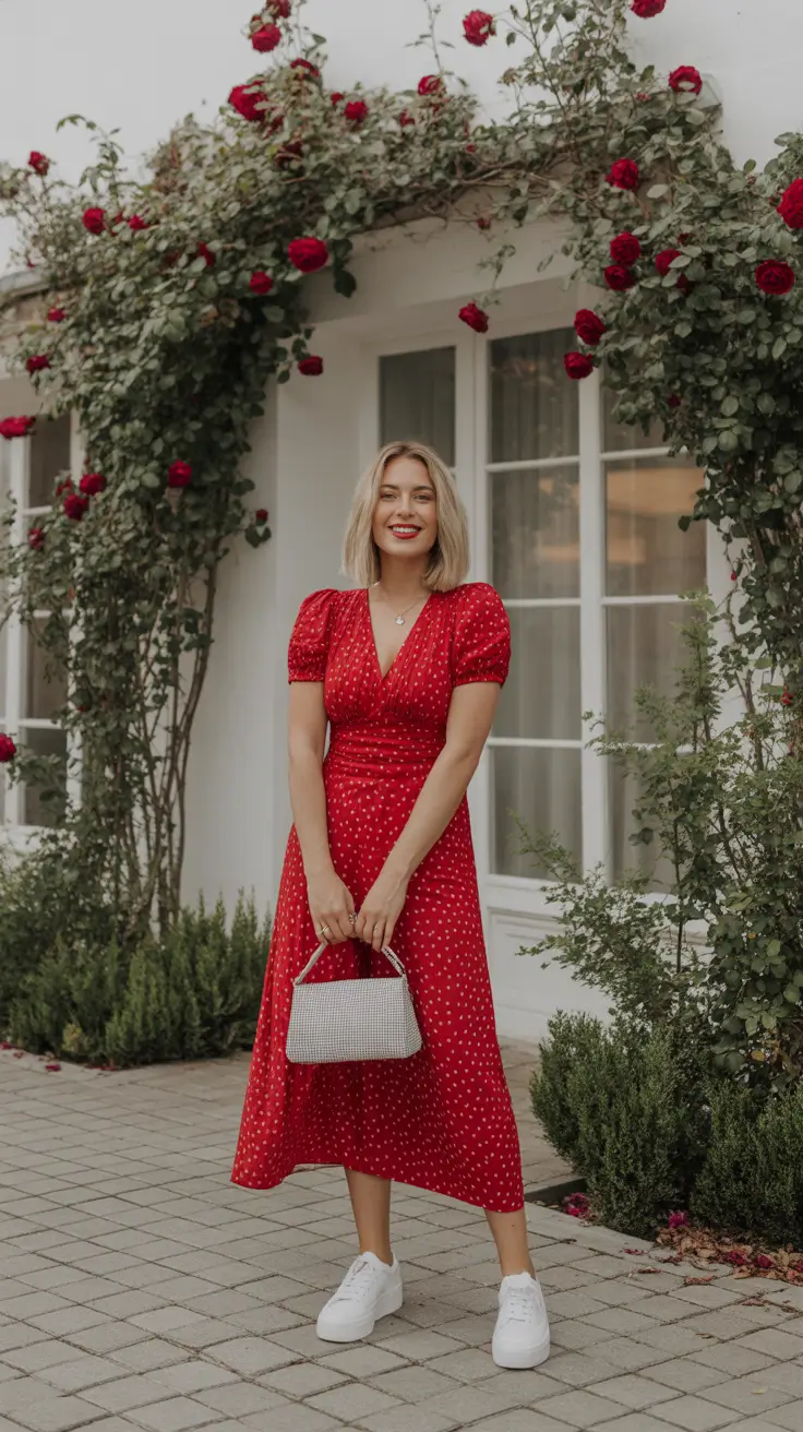 pretty spring outfits for women over 30 2026 - Red Puff Sleeve Midi Dress With Sneakers For A Modern Birthday Mood
