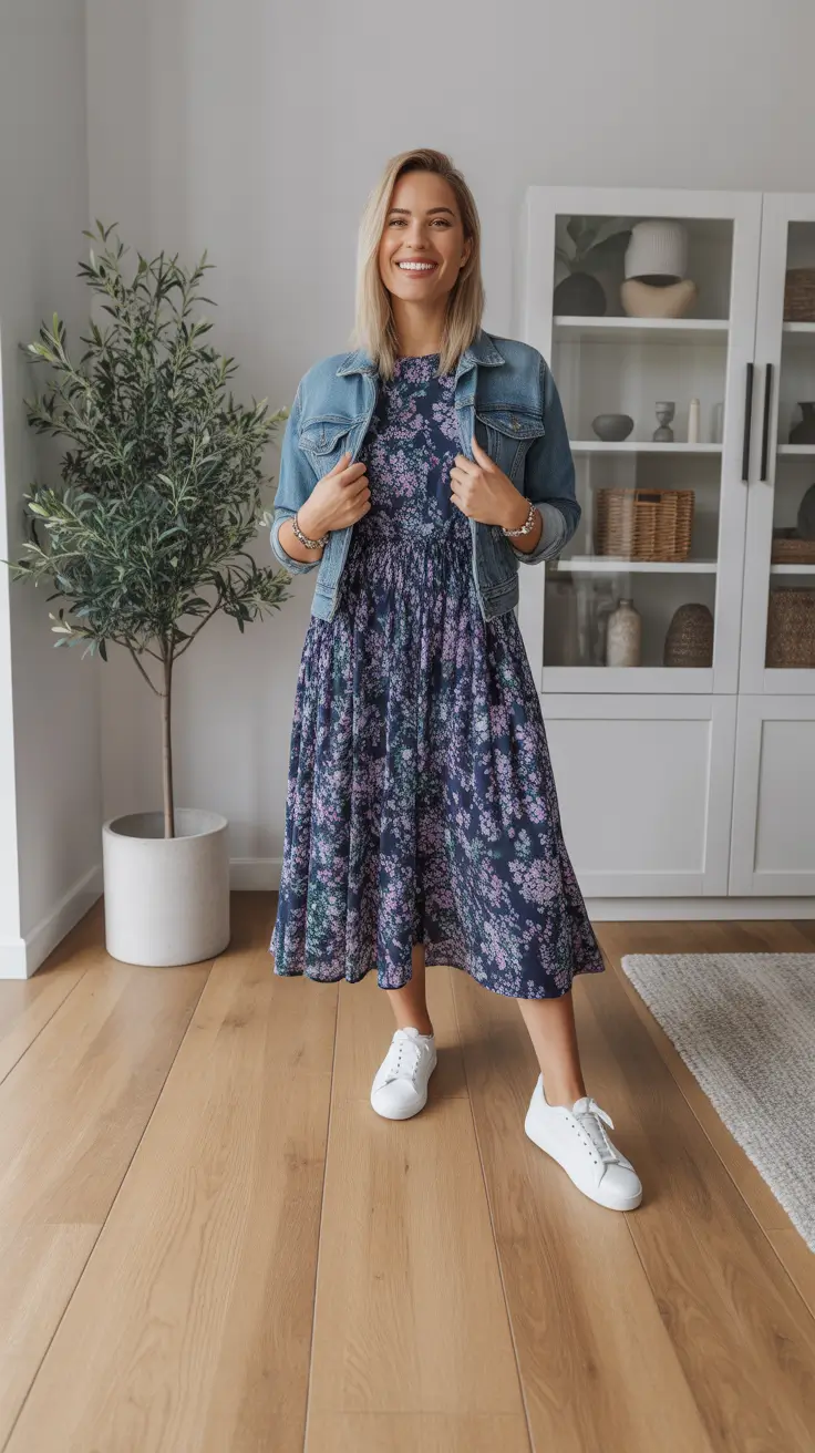 pretty spring outfits for women over 30 2026 - Denim Jacket And Floral Midi With Clean Sneakers