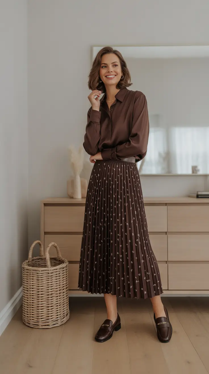 pretty spring outfits for women over 30 2026 - Chocolate Blouse And Pleated Midi For Soft Office Polish