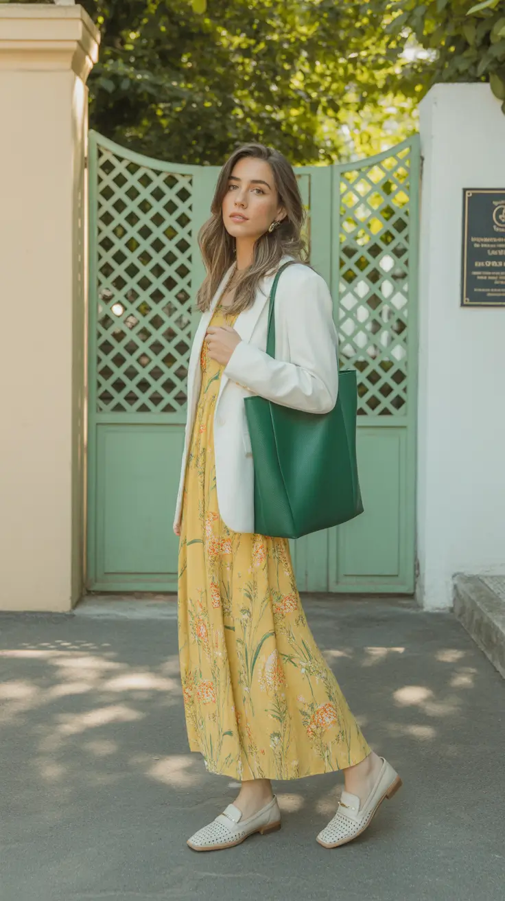 pretty spring outfits for women over 30 2026 - Yellow Floral Maxi With White Blazer And Green Pop