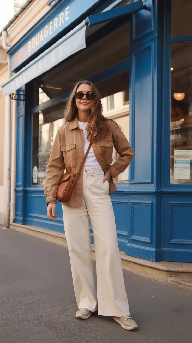 pretty spring outfits for women over 30 2026 - Soft Utility Jacket With Cream Wide-Leg Pants