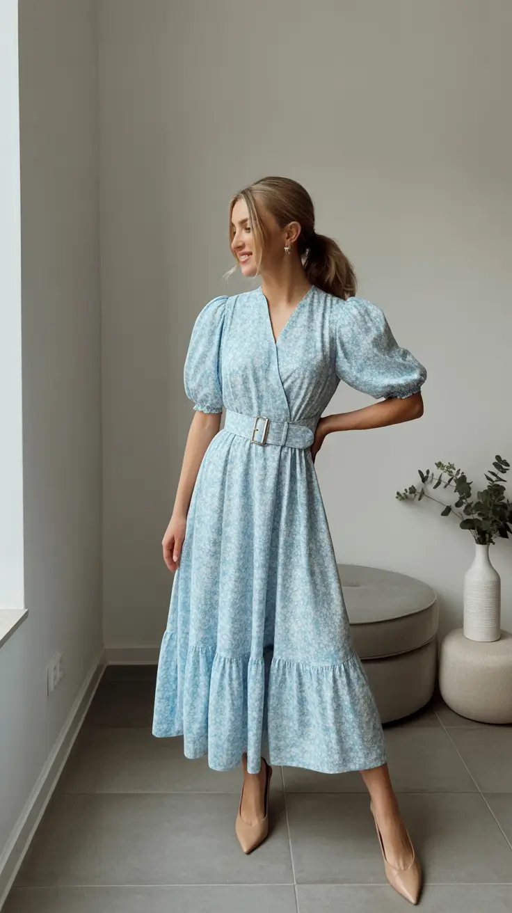 pretty spring outfits for women over 30 2026 - Puff Sleeve Blue Midi Dress With Belted Waist Charm