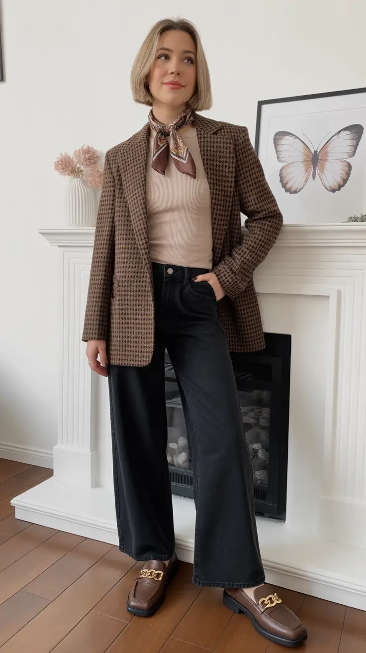 pretty spring outfits for women over 30 2026 - Brown Houndstooth Blazer With A Silk Scarf Twist