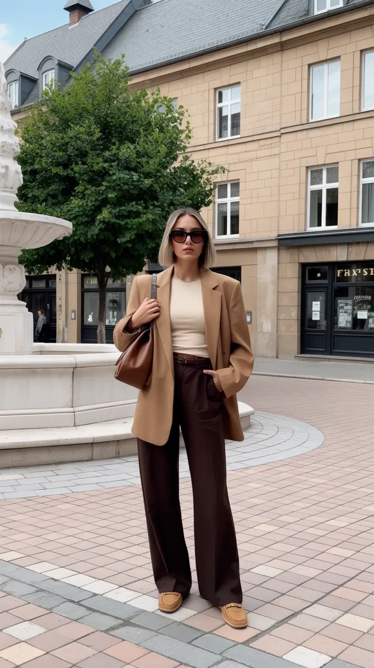 pretty spring outfits for women over 30 2026 - Neutral Power Layers With Wide-Leg Ease