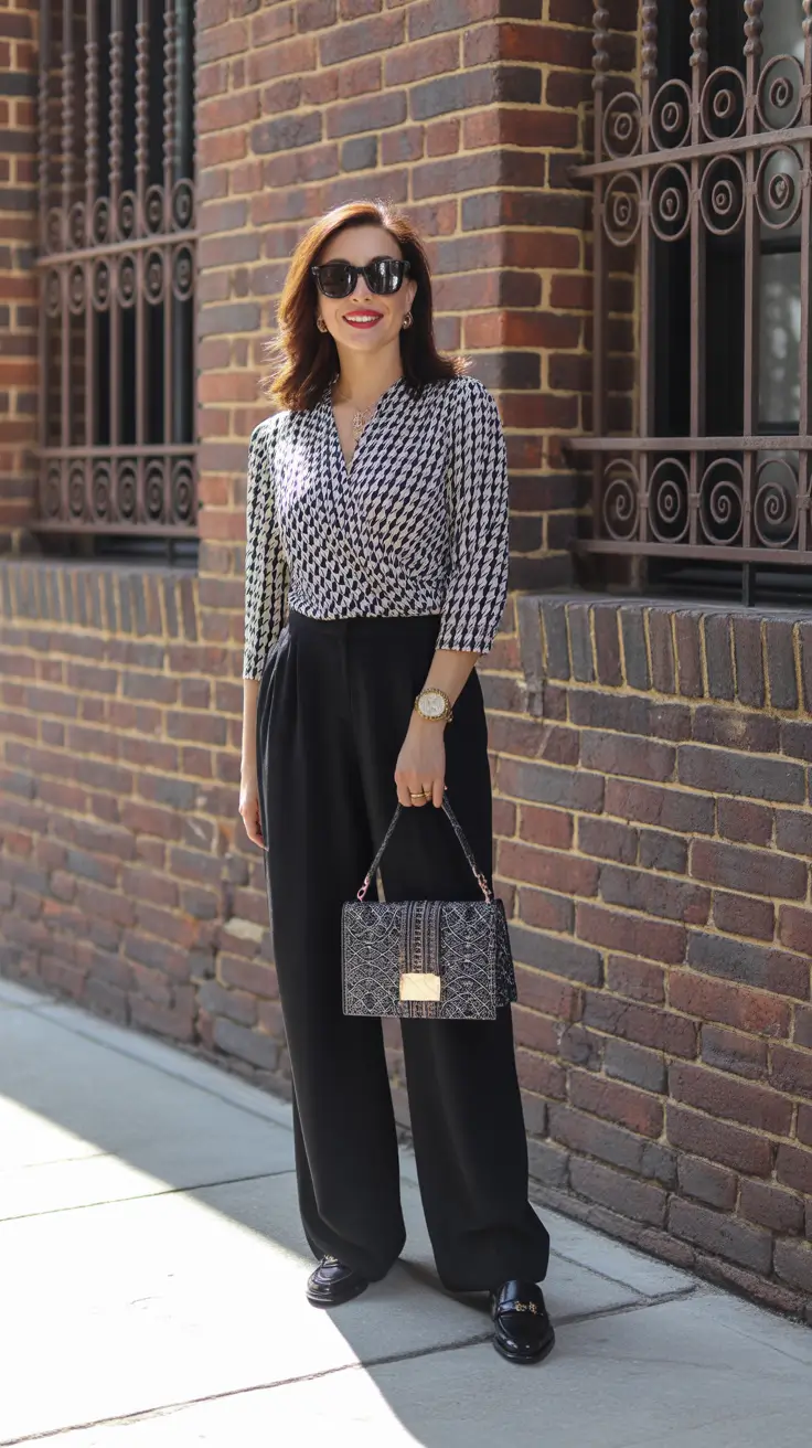 sophisticated spring outfits for women over 40 2026 - Graphic Black And White With Wide Leg Trousers For Instant Authority
