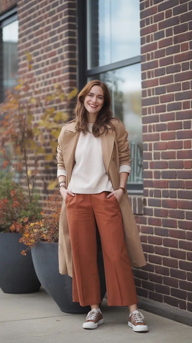 sophisticated spring outfits for women over 40 2026 - Trench And Rust Wide Legs For Easy City Days