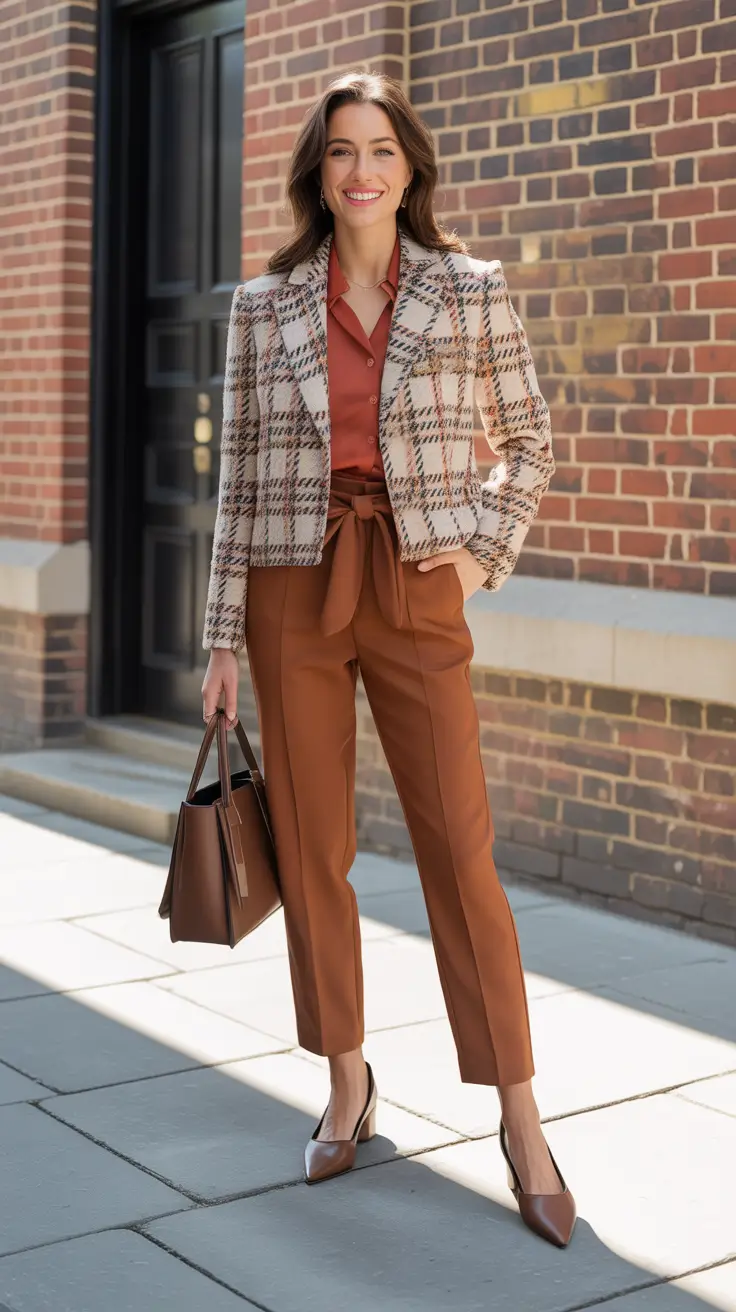 sophisticated spring outfits for women over 40 2026 - Tweed Jacket And Cinnamon Trousers For Modern Work Polish