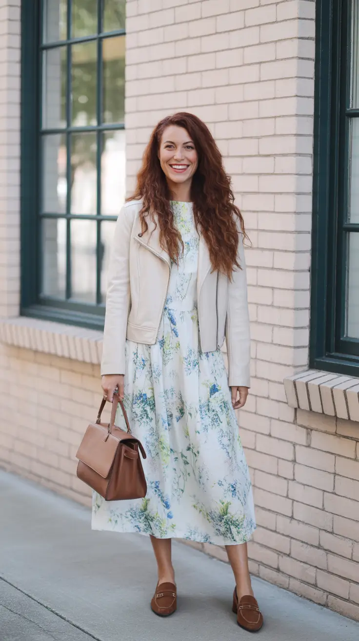 sophisticated spring outfits for women over 40 2026 - Watercolor Florals With A Cream Moto Jacket