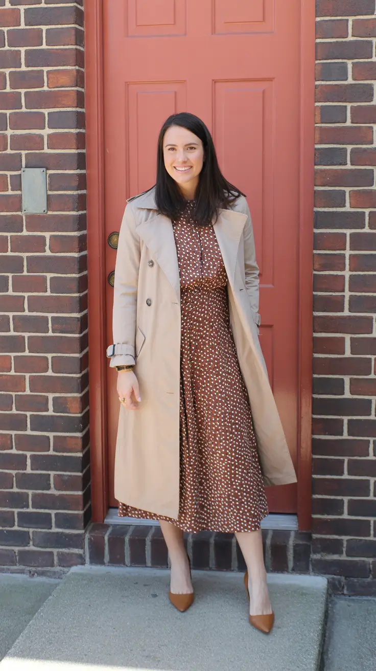 sophisticated spring outfits for women over 40 2026 - Classic Trench Over A Micro Print Midi Dress