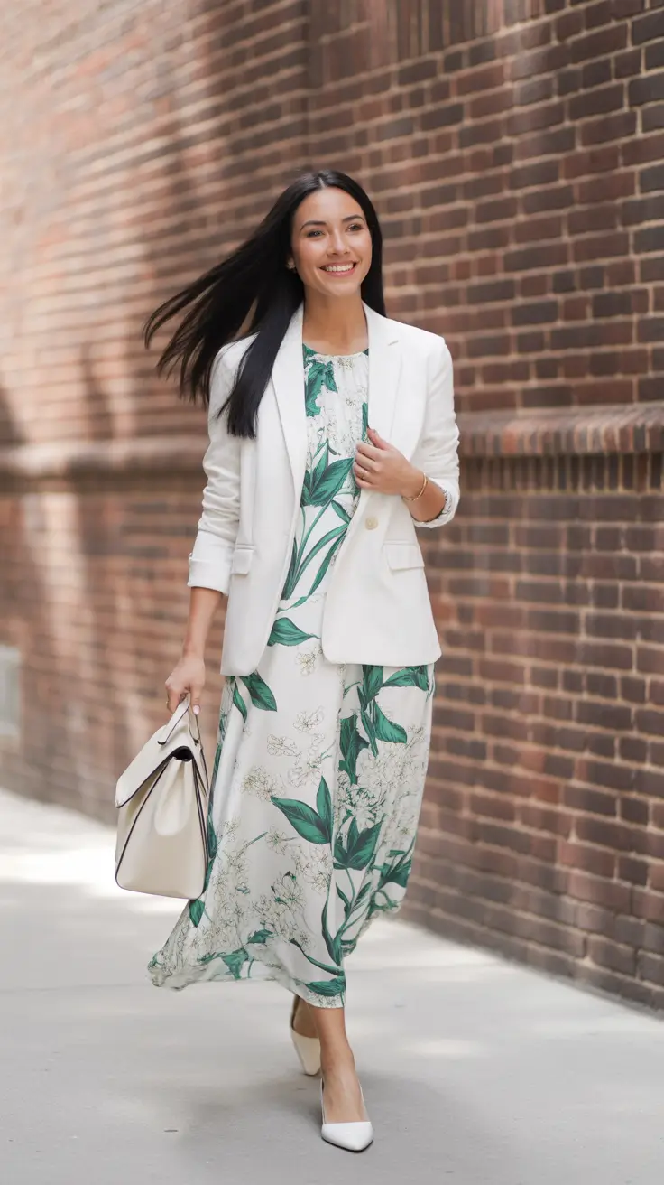sophisticated spring outfits for women over 40 2026 - White Blazer With A Botanical Midi Dress