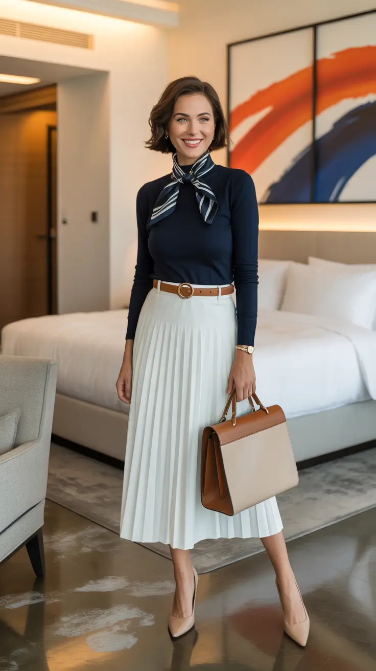 sophisticated spring outfits for women over 40 2026 - Hotel Chic Knit Top And Pleated Midi Skirt