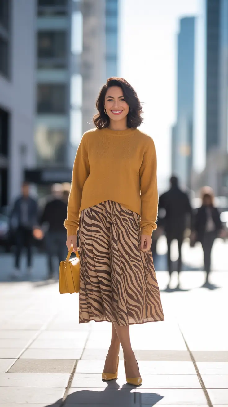 sophisticated spring outfits for women over 40 2026 - Mustard Knit And Zebra Midi For Downtown Energy