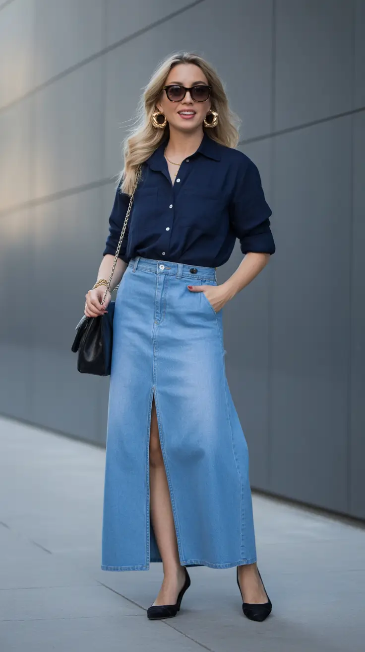 sophisticated spring outfits for women over 40 2026 - Navy Shirt With A Denim Maxi Skirt And A Slit