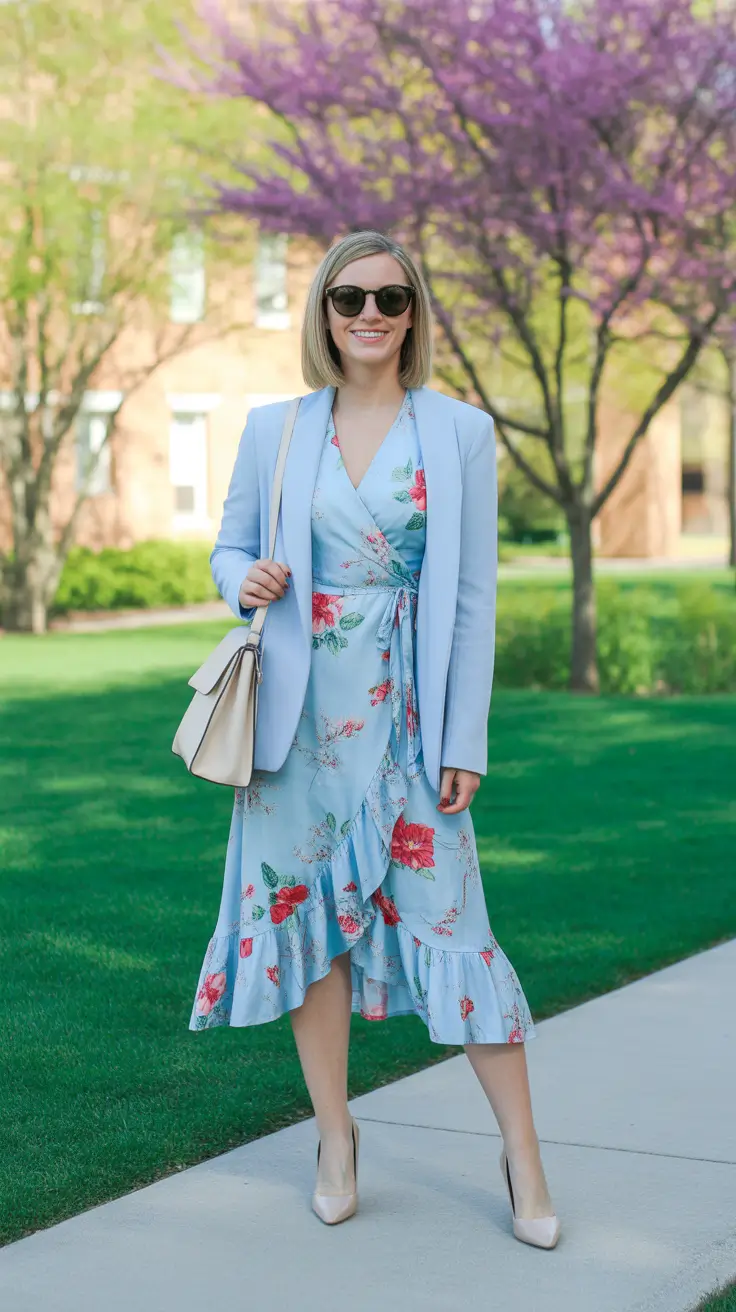 sophisticated spring outfits for women over 40 2026 - Powder Blue Blazer Over Floral Wrap Dress For Soft Structure
