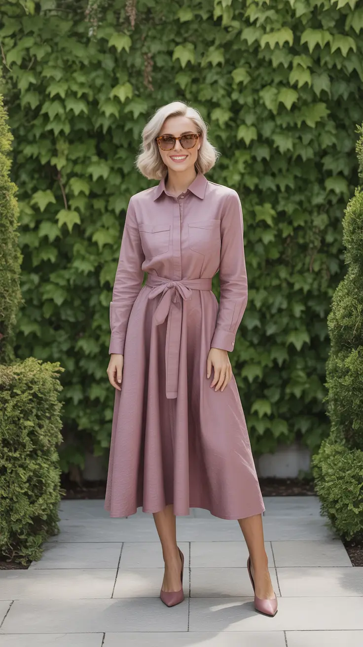 sophisticated spring outfits for women over 40 2026 - The Mauve Shirt Dress That Does Everything