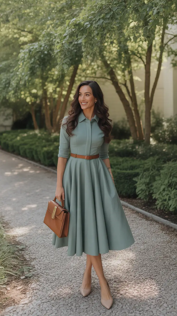 sophisticated spring outfits for women over 40 2026 - Sage Shirt Dress With A Belt That Makes Everything Look Tailored