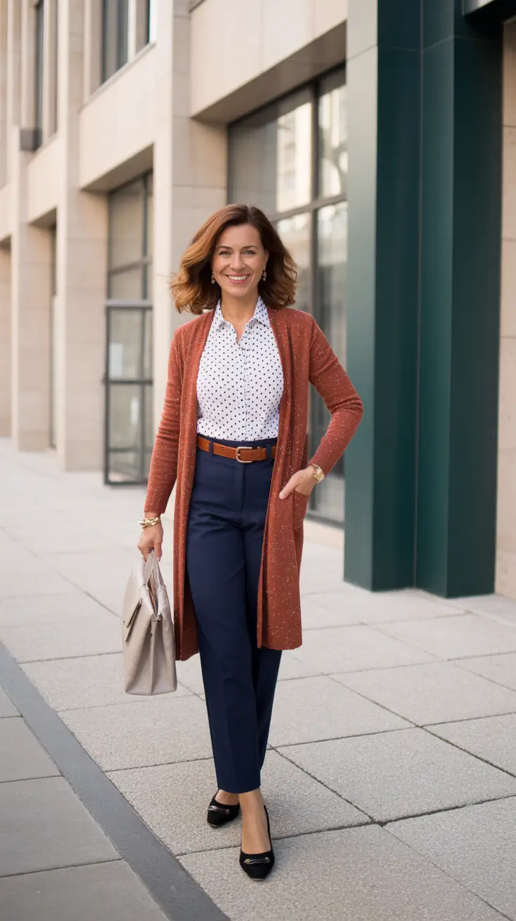 soft spring outfits for women over 50 2026 - Long Cardigan And Navy Trousers For A Soft Office Day