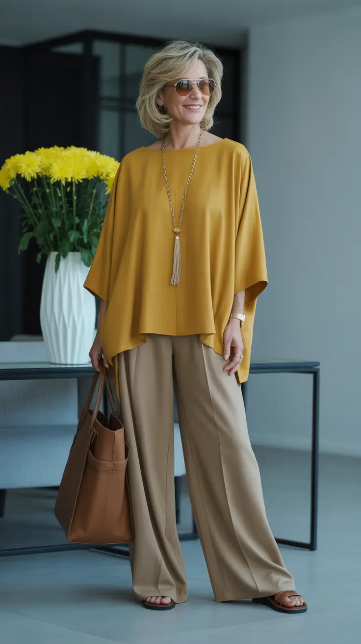 soft spring outfits for women over 50 2026 - Mustard Draped Top And Sand Trousers For Warm Soft Spring Glow