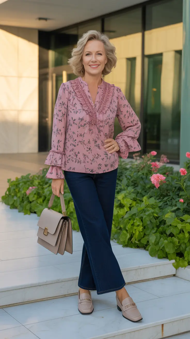 soft spring outfits for women over 50 2026 - Mauve Romantic Blouse And Dark Denim For Soft Spring Charm
