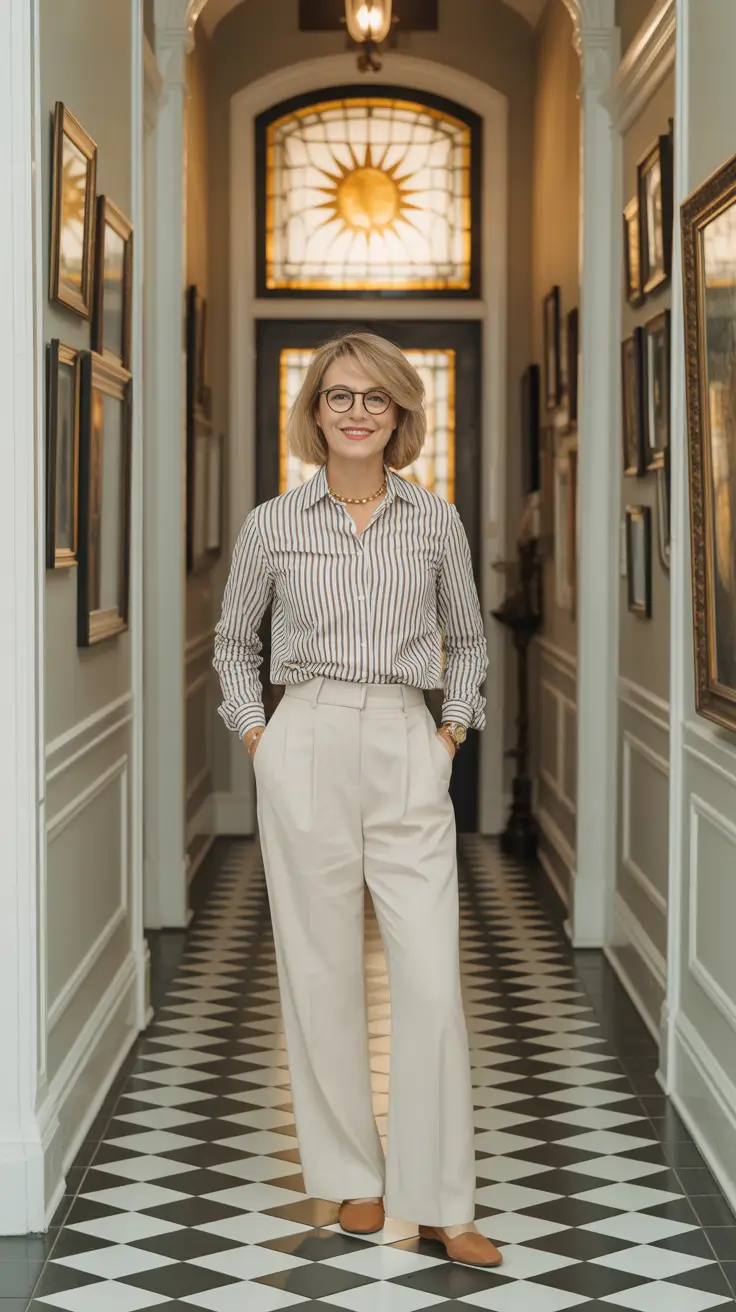soft spring outfits for women over 50 2026 - Classic Stripes With Cream Trousers For A Light And Polished Spring